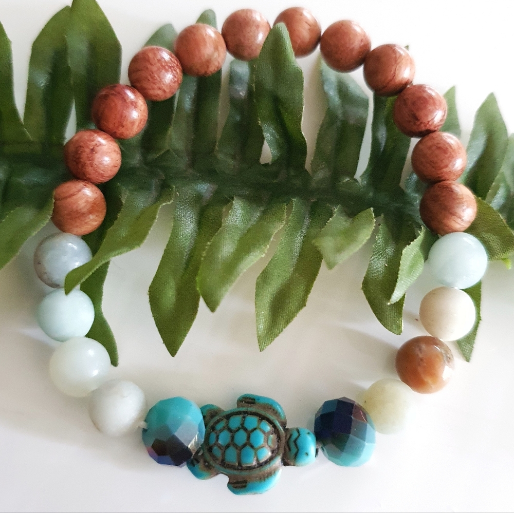 Amazonite, Turqouise & Wood Beads Stretch Bracelet